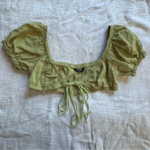 SHEIN Olive Green Puff Sleeve Tie-Front Crop Top